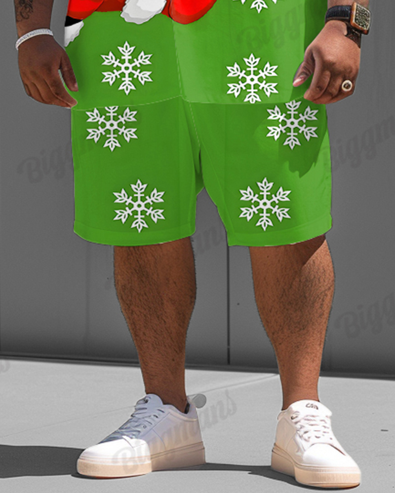 Big Guys Christmas Green Snowflake Santa Print Shirt Shorts Set