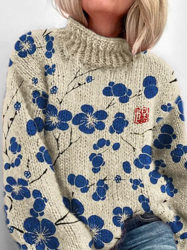 Cherry Blossom Japanese Lino Pattern Cozy Turtleneck Sweater