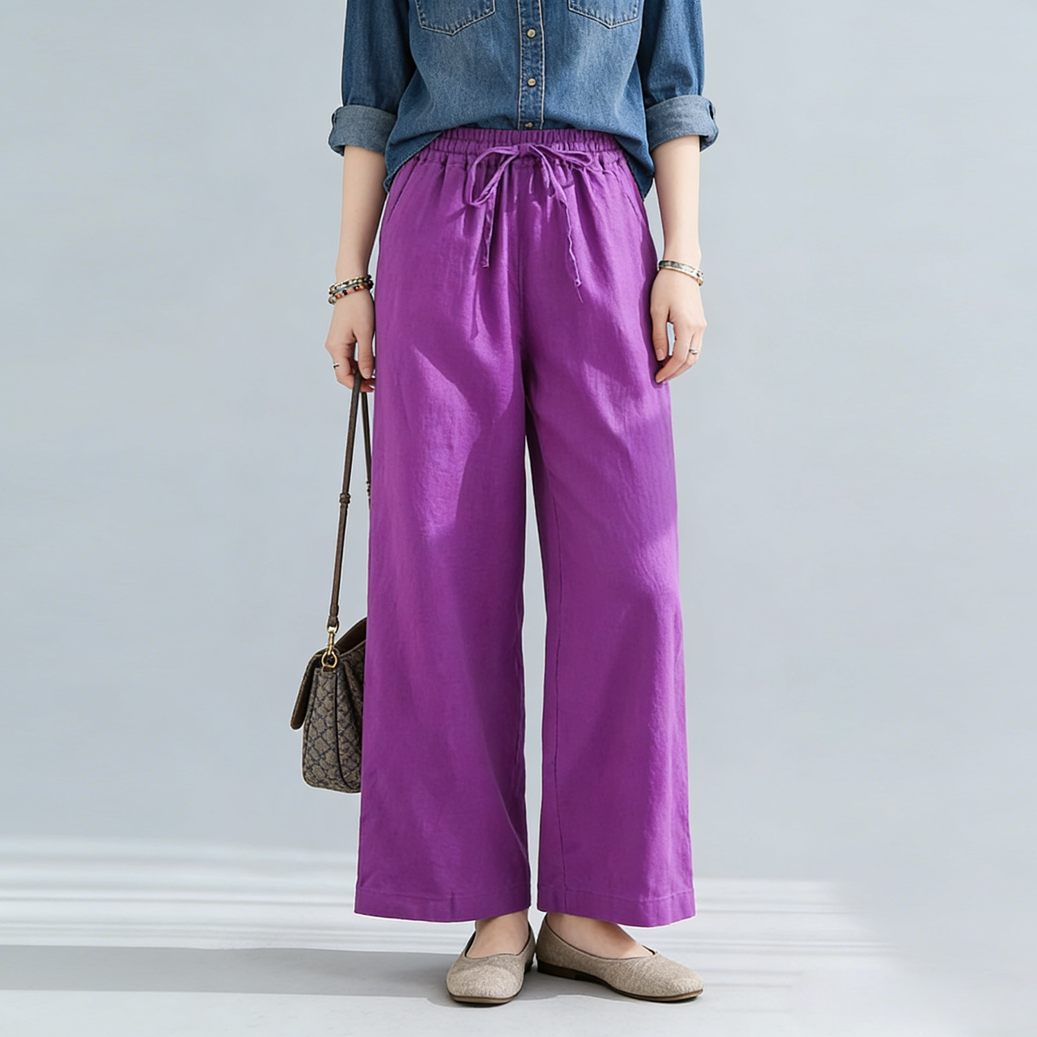 Linen Long Pants Women 100% Linen Drawstring Wide Leg Trousers REAL SILK LIFE