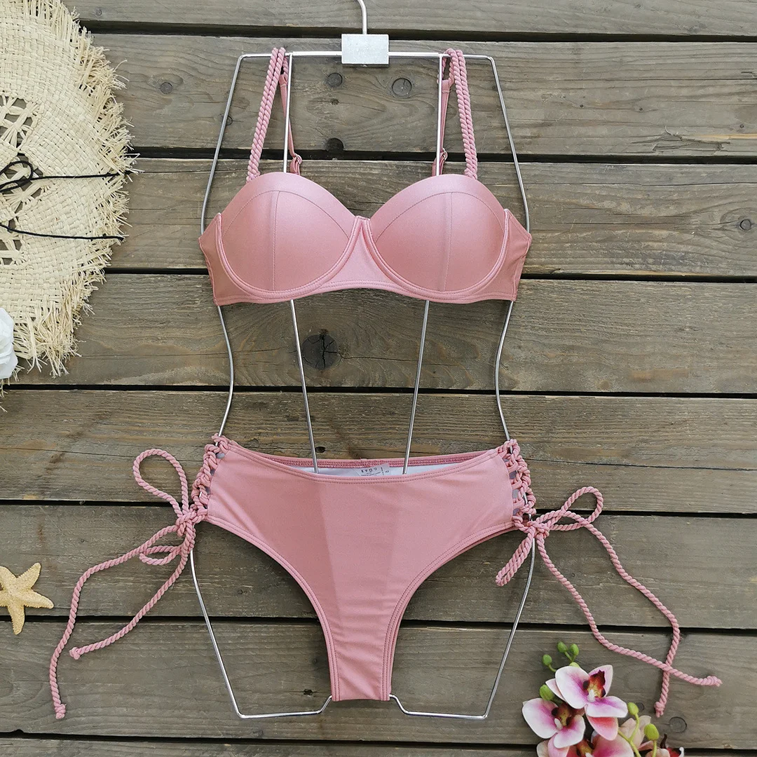 Uveng Multi-Color Solid Color Choreette Sling Sling Chest Hard Bag Bikini 2025 New High-Waisted Split Swimsuit Woman