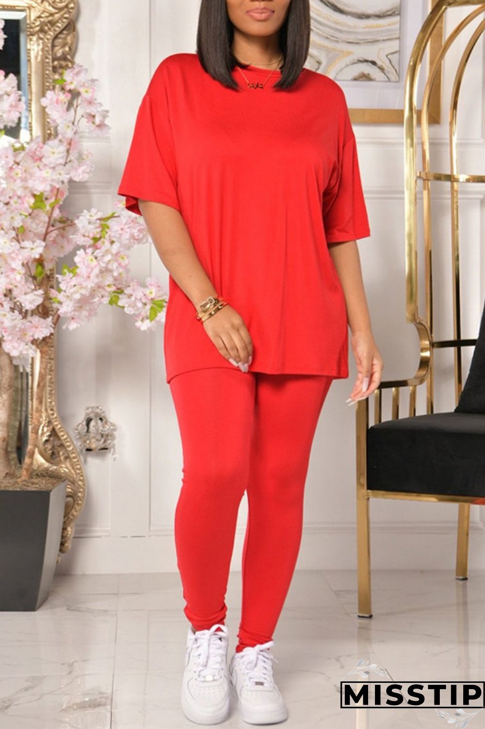 Red Casual Solid Basic O Neck Short Sleeve Two Pieces