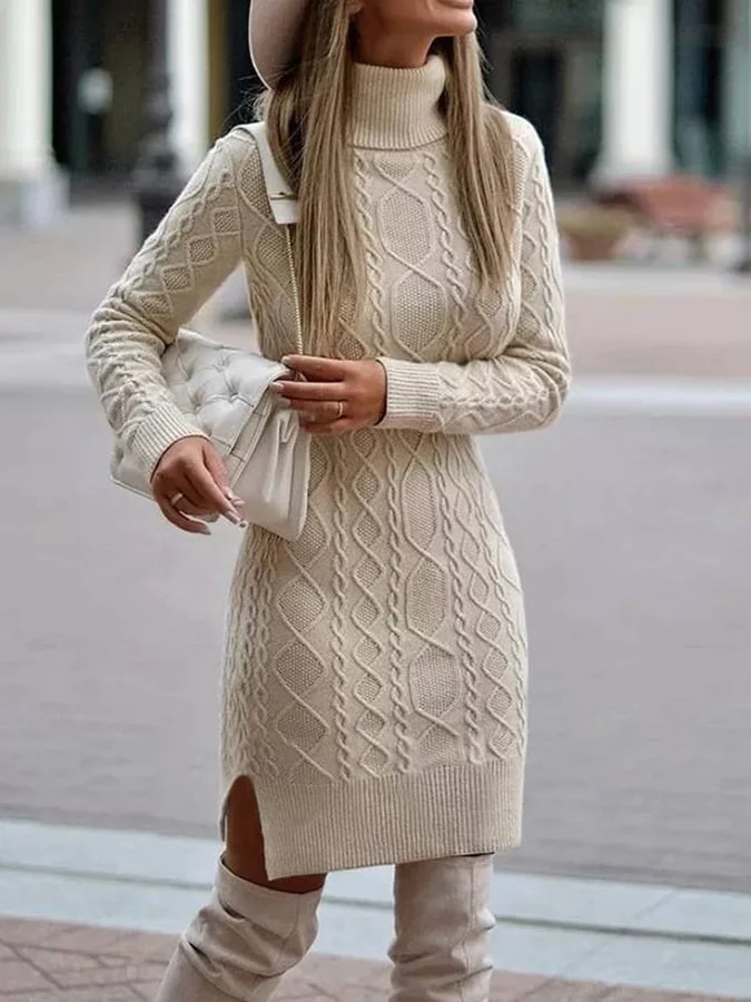 Fashion Cable-Knit Slim High Neck Sweater Dress socialshop