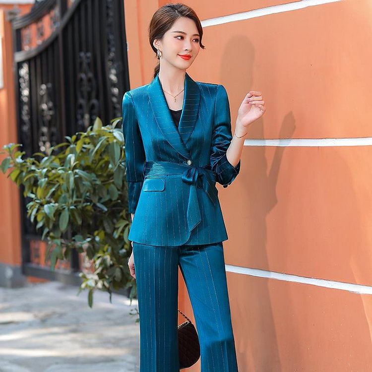 Women Pants Suit Uniform Designs Formal Style Office Lady Bussiness Attire Striped Coat Fashion Leisure Suit Two-Piece Suit