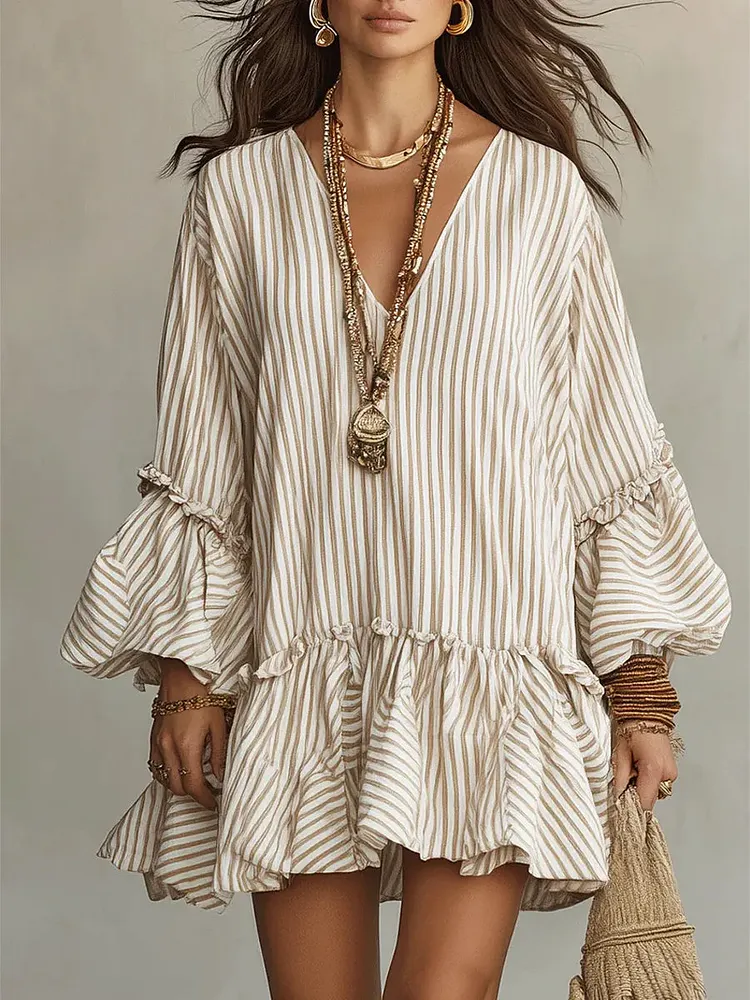 Women's Retro Striped Art Ruffled Casual Stylish V-Neck Cotton Linen Dress