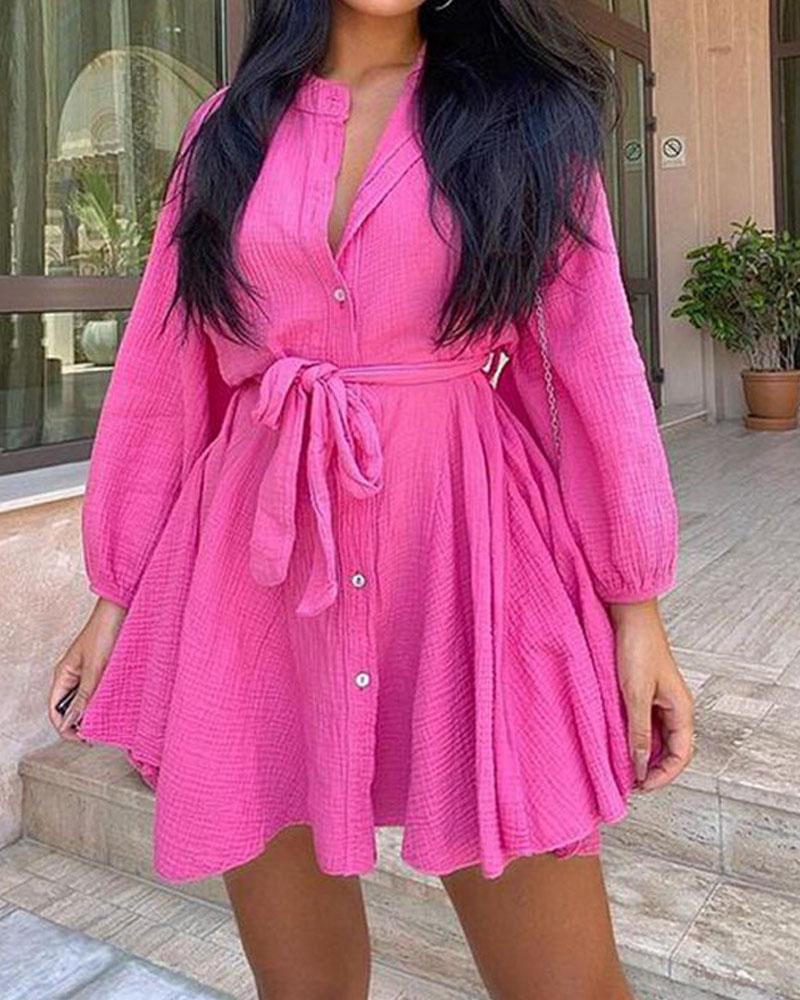 Solid Color Long Sleeve Collar Short Dress