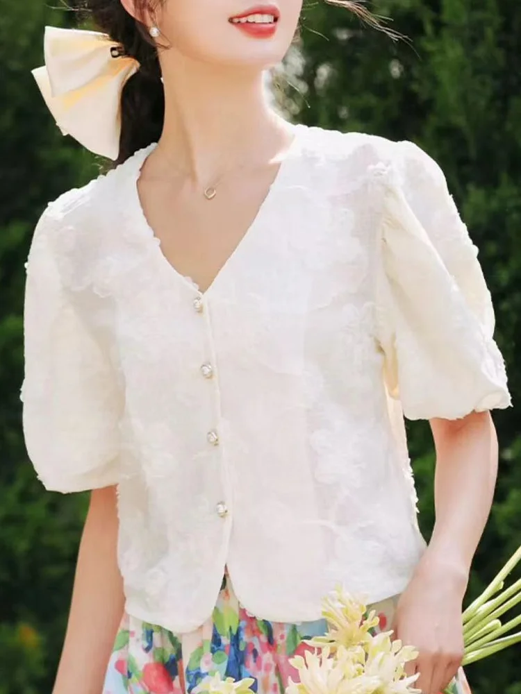 V-Neck Puff Sleeve Shirt - White