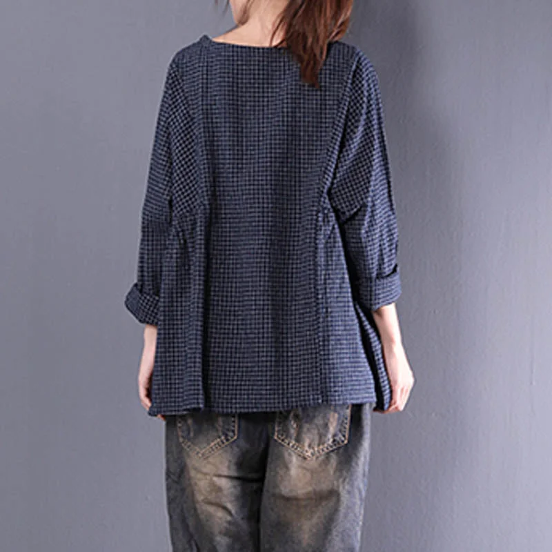 Top Blusas 2022 Women  Crew Neck Long Sleeve Plaid Check Autumn Cotton Linen Casual Party Pleated Flounce Blouse Shirt