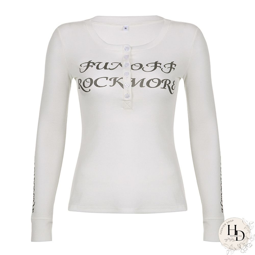 Gothic Shirt Women Button Neck Long Sleeve Tops Letter Print Clothes Y2k Punk Dark