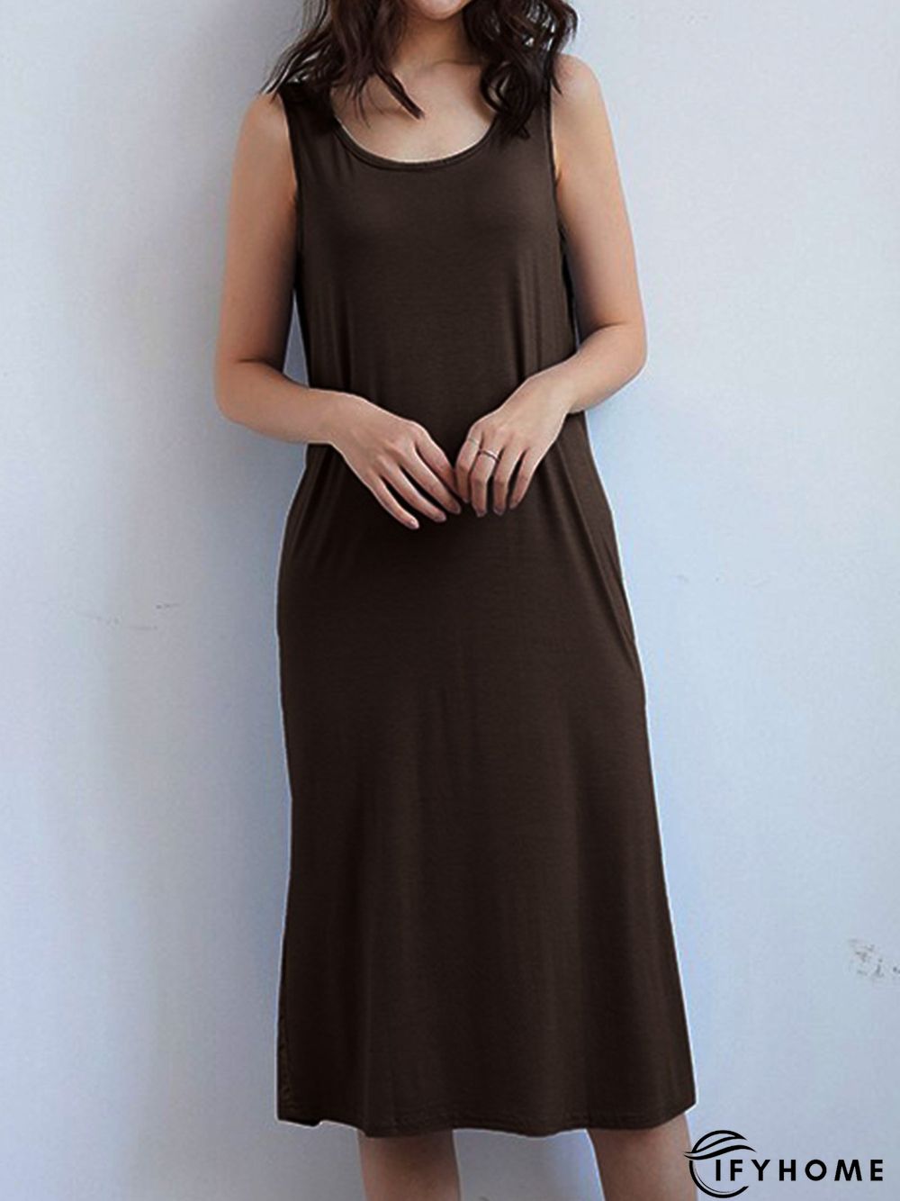 Vintage Plain Round Neck Sleeveless Casual Midi Knitting Dress | IFYHOME