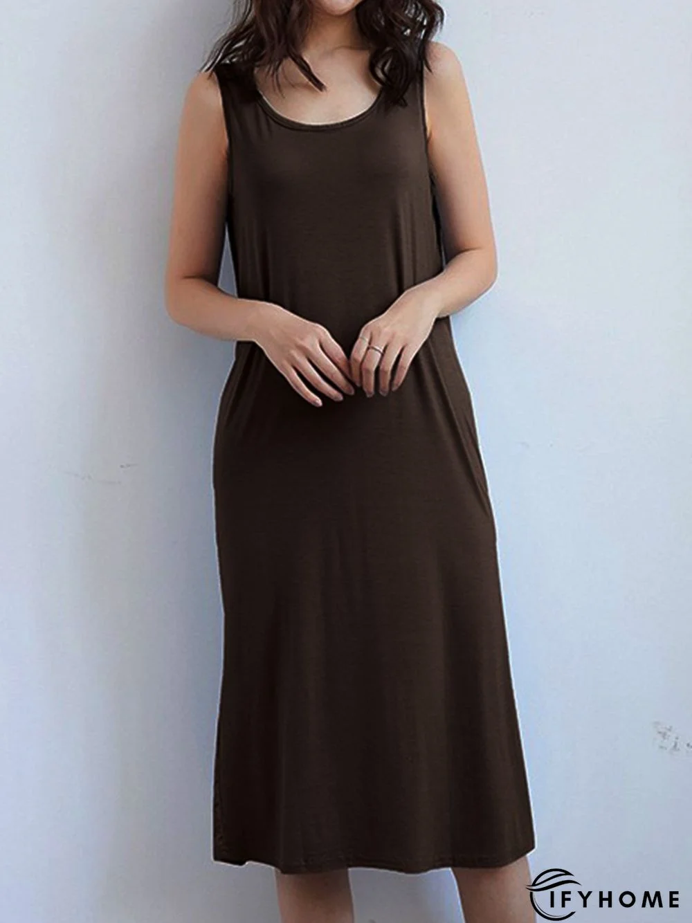 Vintage Plain Round Neck Sleeveless Casual Midi Knitting Dress | IFYHOME
