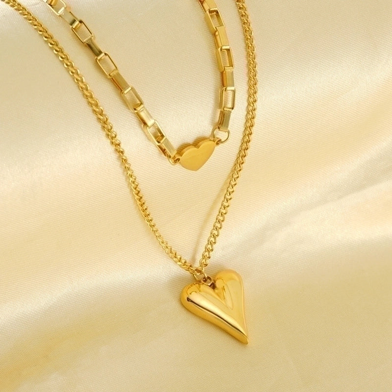 304 Stainless Steel 18K Gold Plated Minimalist Plating Heart Shape Double Layer Necklaces