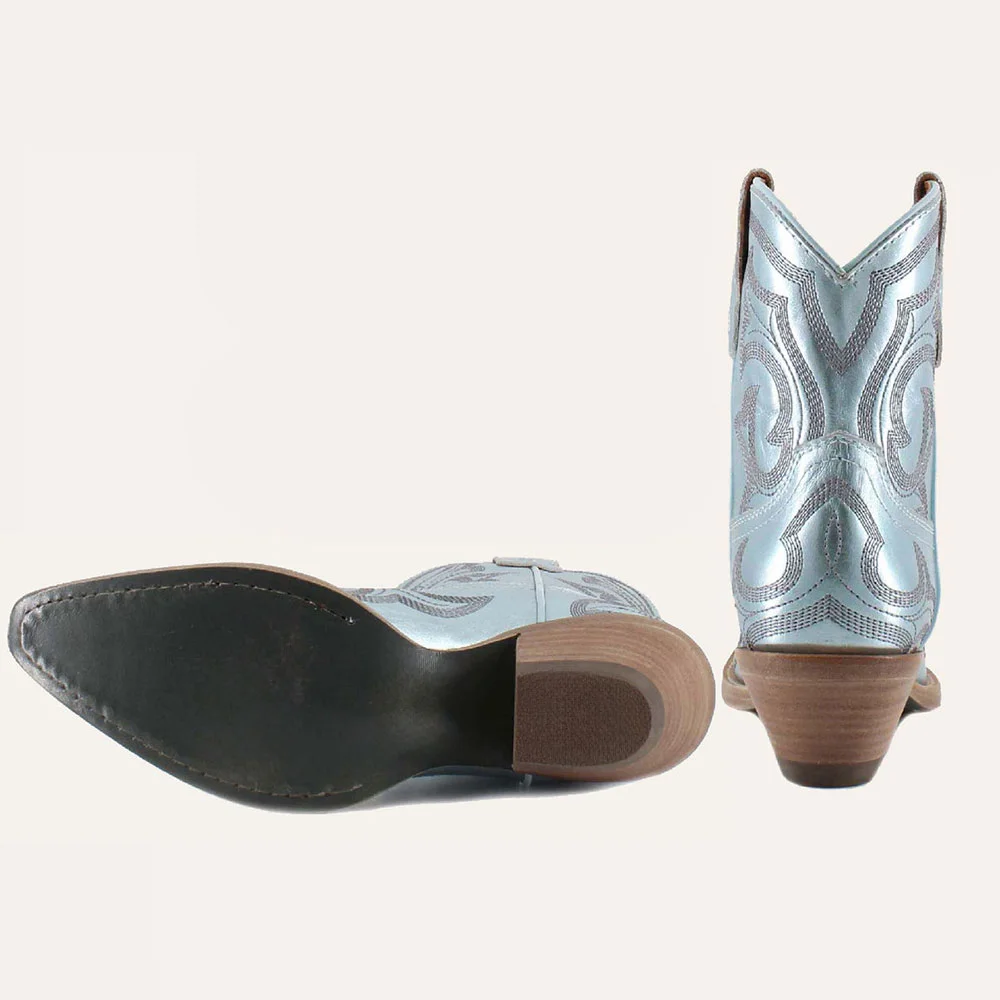 Light Blue Snip Toe Embroidered Chunky Heel Short Cowgirl Boots