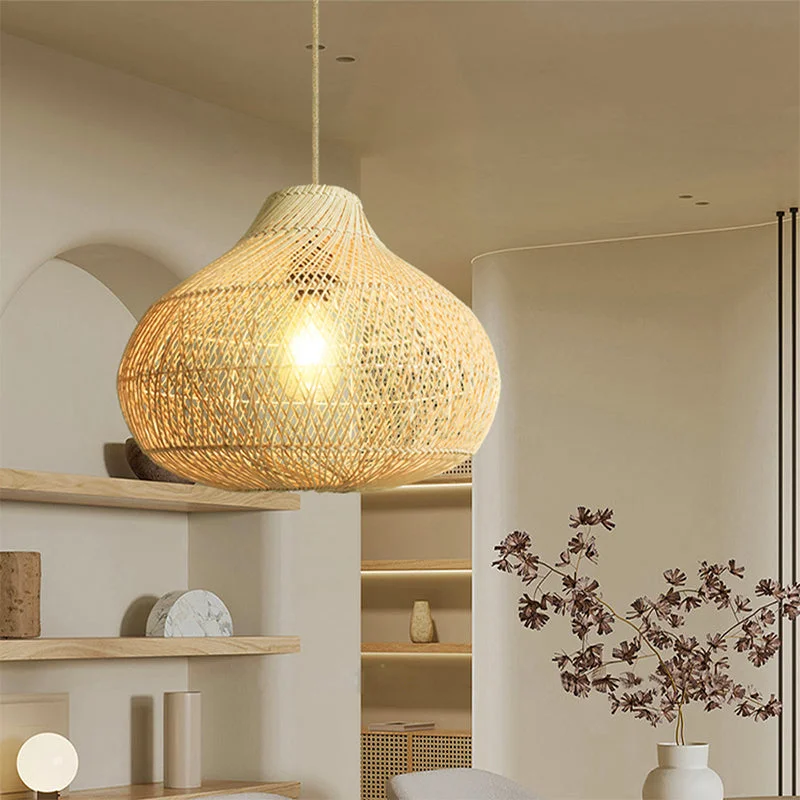 Modern Rattan Basket Pendant Light  Woven Lampshade For Living Room