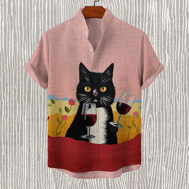 Retro Black Cat With Red Wine Art Print Linen Blend Casual Shirt