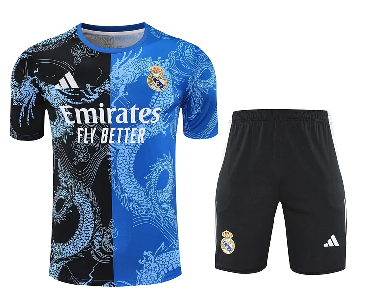 2025-26 Real Madrid short-sleeved training suit black blue-adult suit