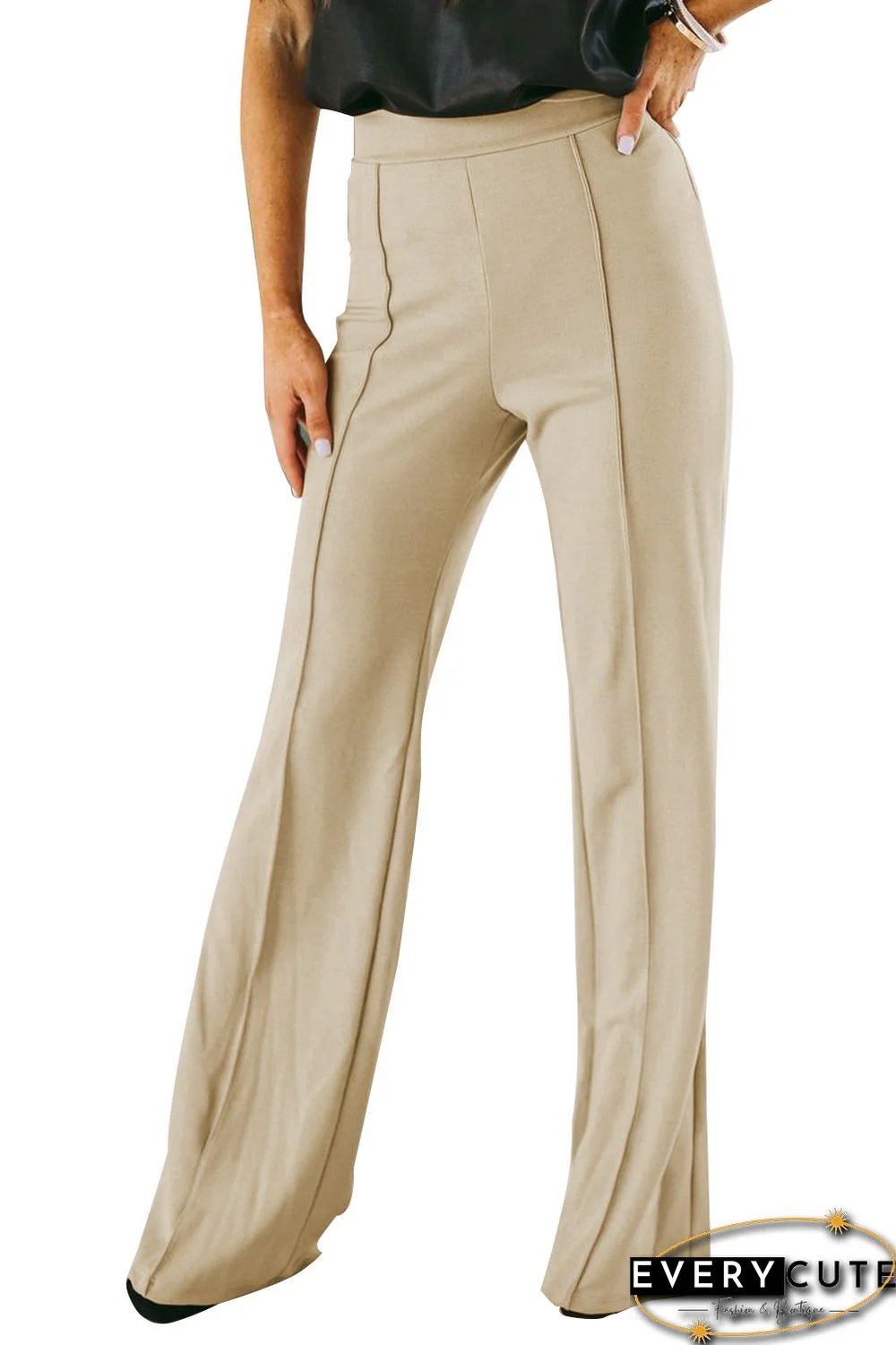 Khaki Solid High Waist Seamed Flare Pants