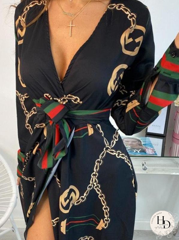 Deep V Slit Maxi Dress With Printed Belt for Women