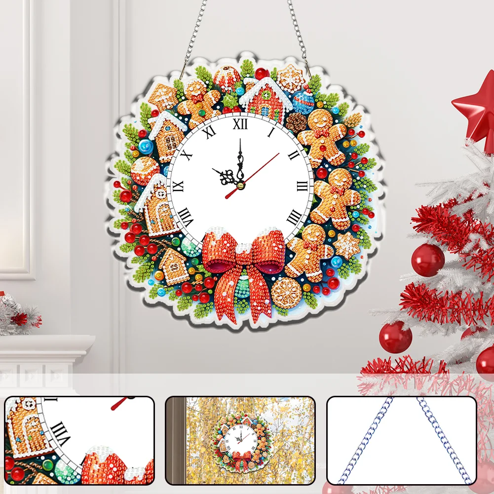 2D Flat DIY Christmas Gingerbread Man Acrylic Diamond Painting Clock Pendant