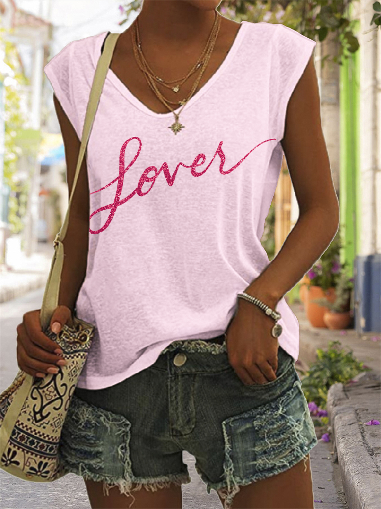 TS Lover Glitter Graphic V Neck Tank Top