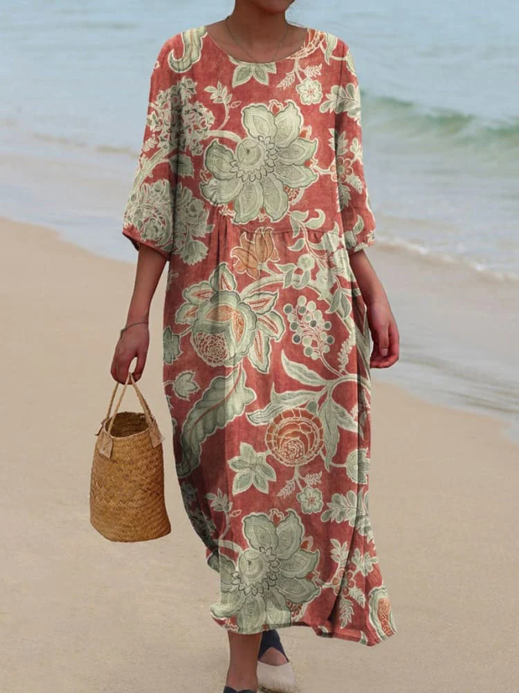 Women's Vintage Printed Pocket Cotton Dress