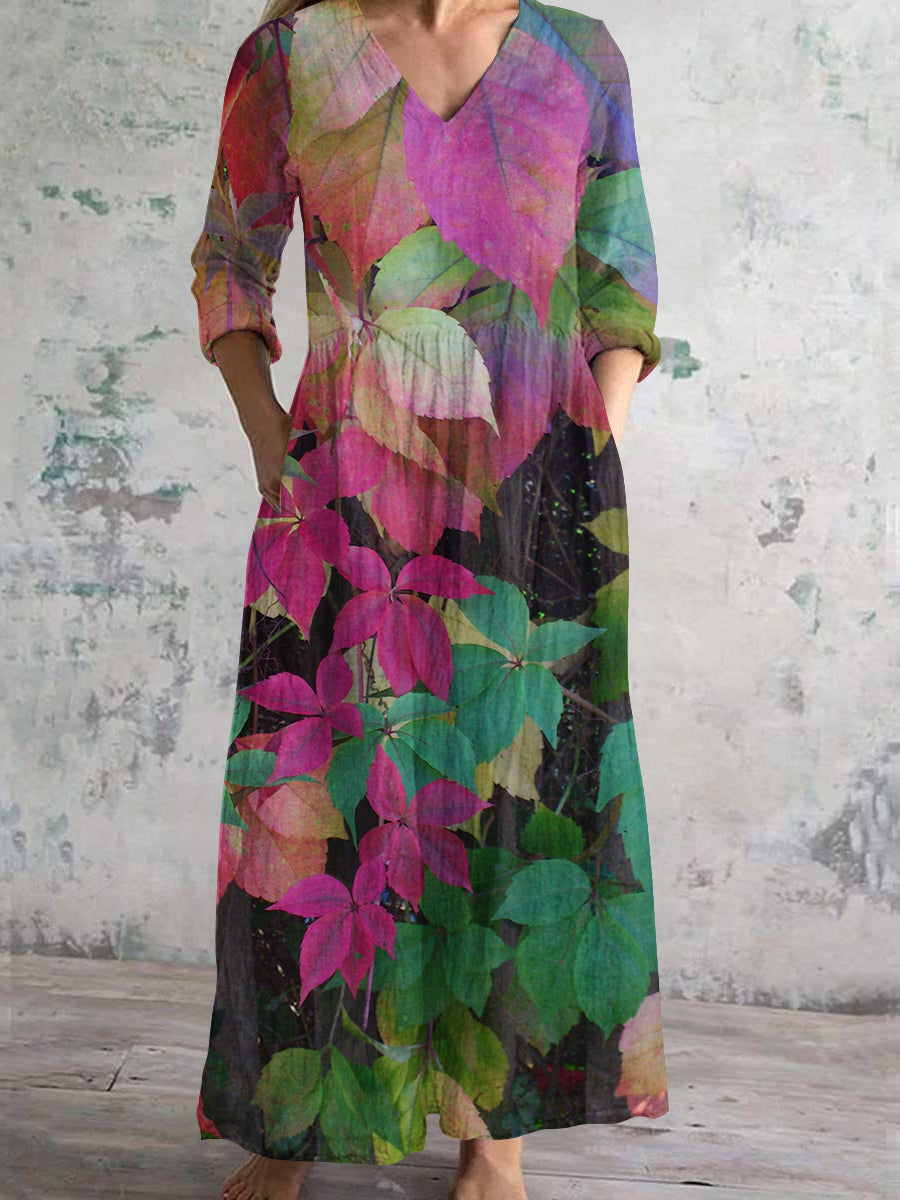 Women's V-Neck Leaf Art Print Cotton And Linen Pocket Dress