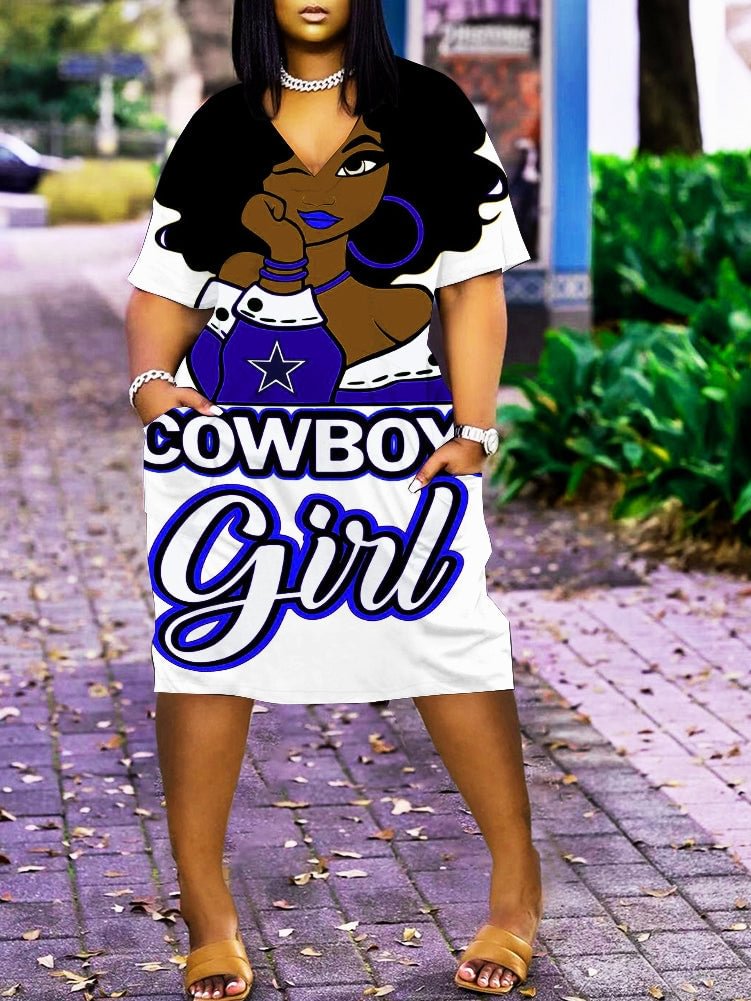 COWBOY GIRLS Print Plus Size V Neck Mid Sleeve Dress