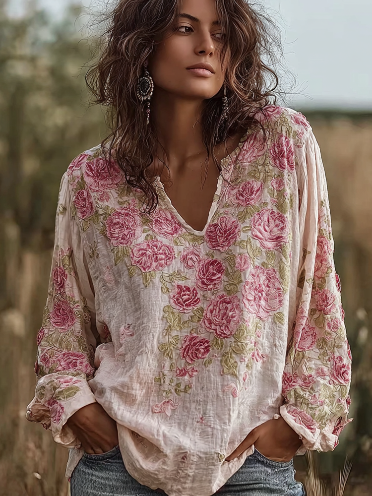 Bohemian Retro Countryside Style Plant Flower Design Cotton And Linen Women's Long-sleeve Shirt Bohemian Retro Countryside Style Plant Flower Design Cotton And Linen Women's Long-sleeve Shirt - Image 1