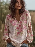 Bohemian Retro Countryside Style Plant Flower Design Cotton And Linen Women's Long-sleeve Shirt