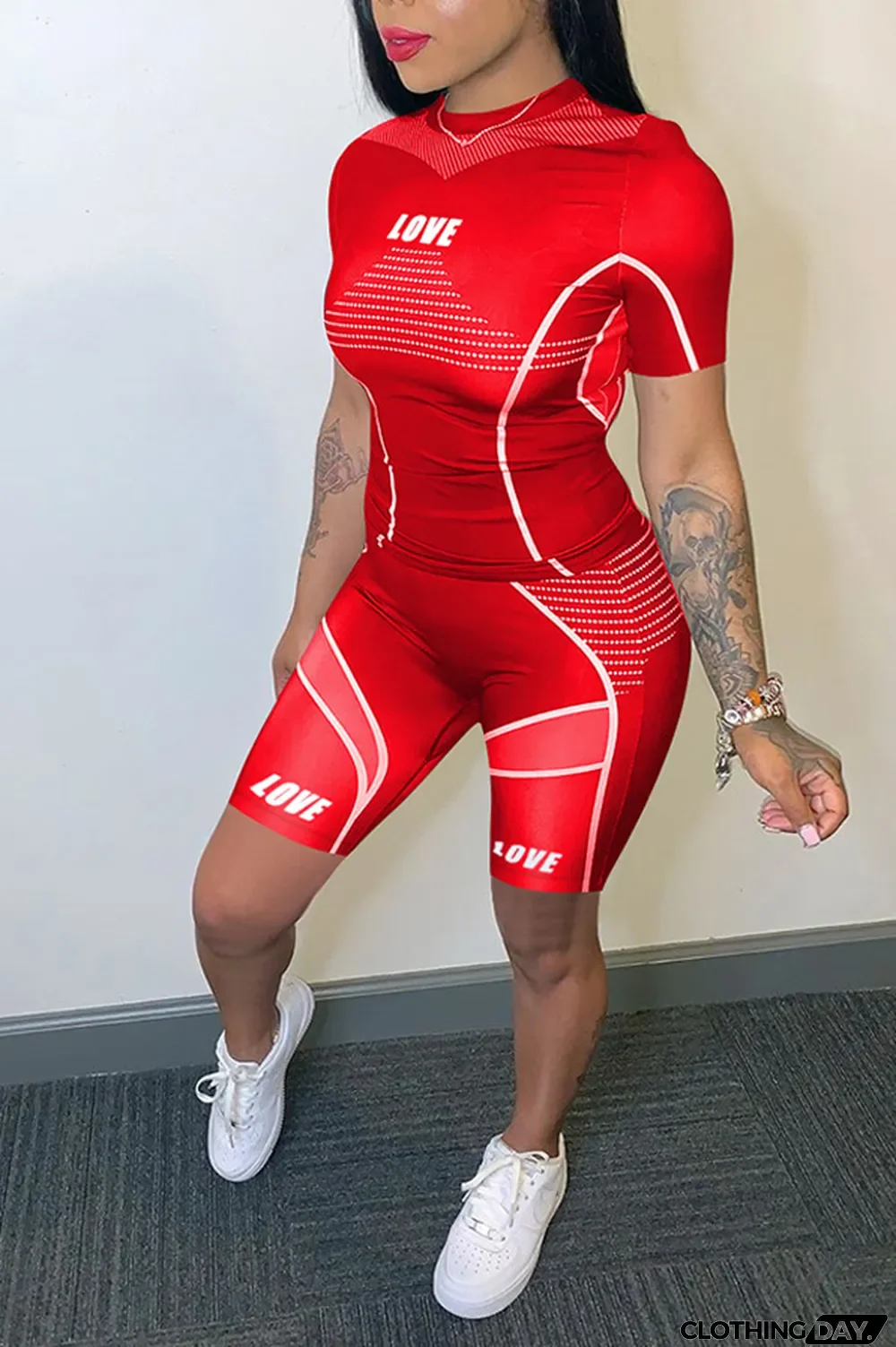 Pink knit Sexy Patchwork Print Straight Short Sleeve Two Pieces