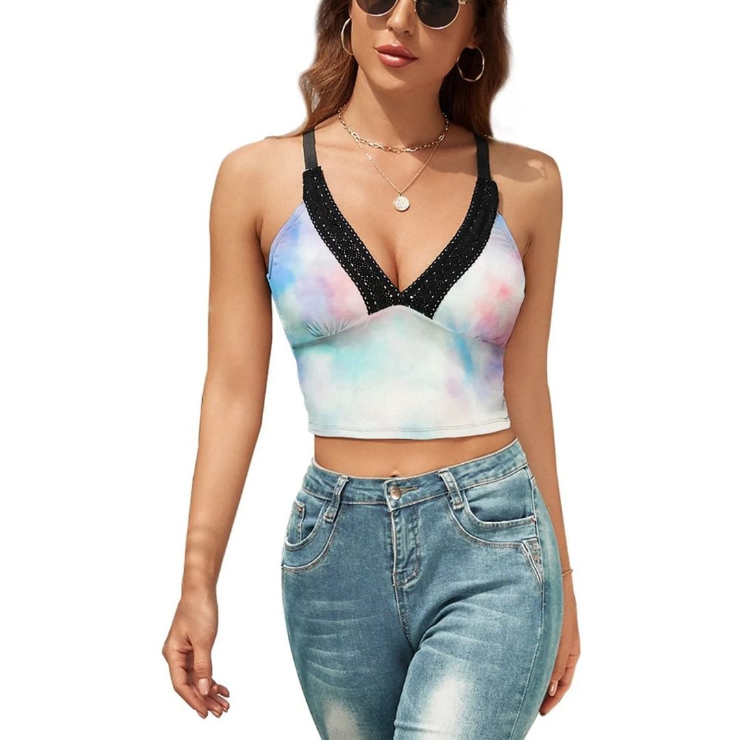 Tie-Dye Lace Sleeveless Vest Women's V-Neck Printed Spaghetti Ribbed Strap Crop Cami Tank Tops - neewho