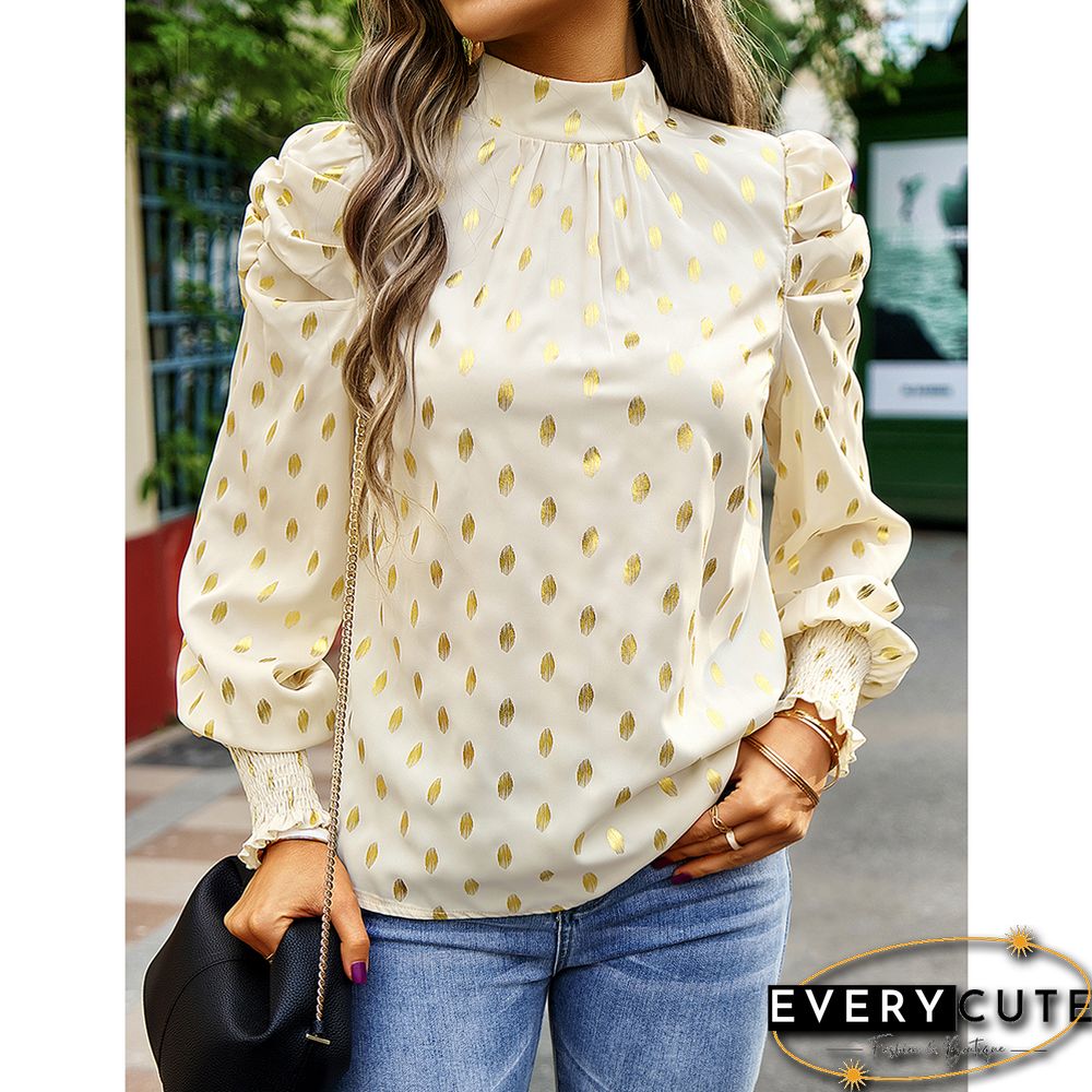 Khaki Polka Dot Pleated Cuffs Long Sleeve Tops