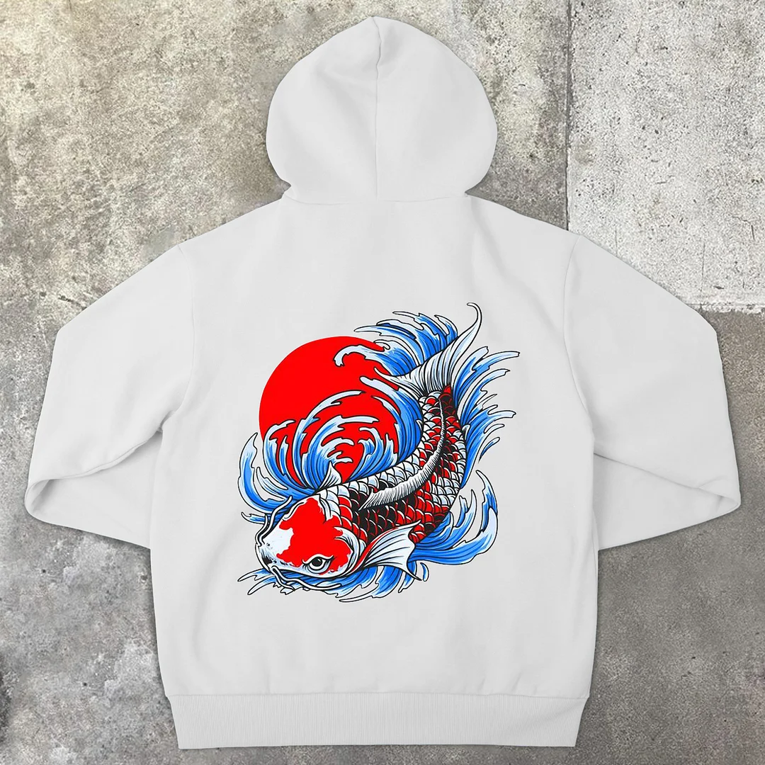 Ping An Carp Print Vintage Hoodies