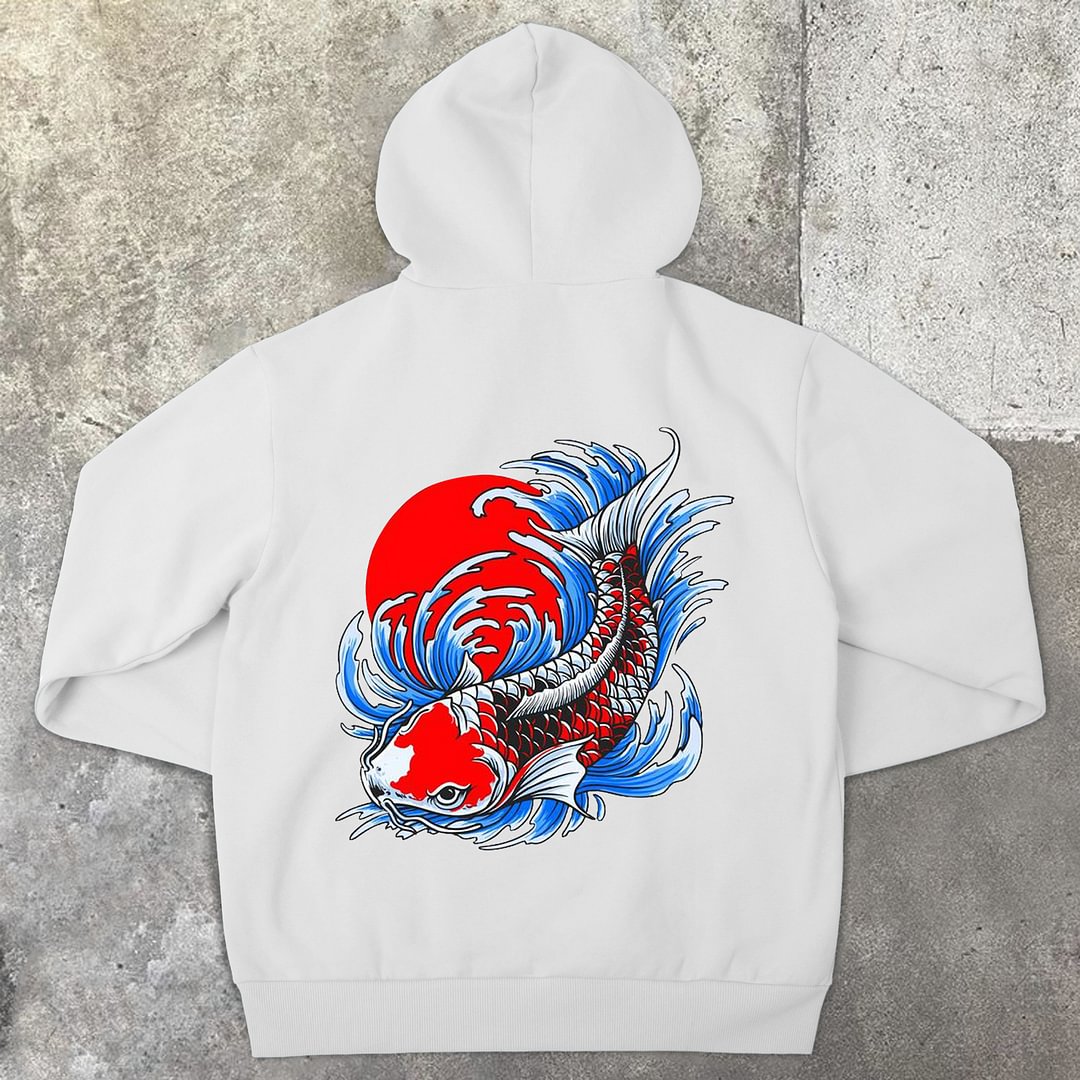 Ping An Carp Print Vintage Hoodies