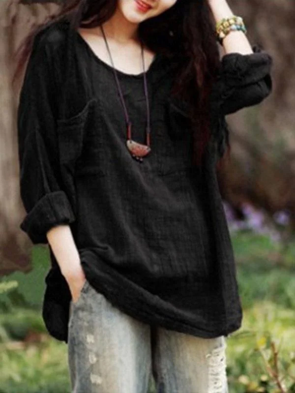 Ladies loose plain linen vintage top-Mayoulove