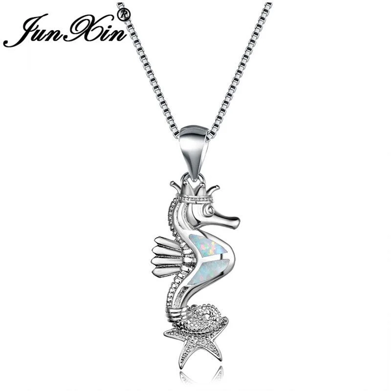 Boho Female Purple Blue White Fire Opal Necklace Silver Color Necklaces & Pendants For Women Vintage Animal Jewelry