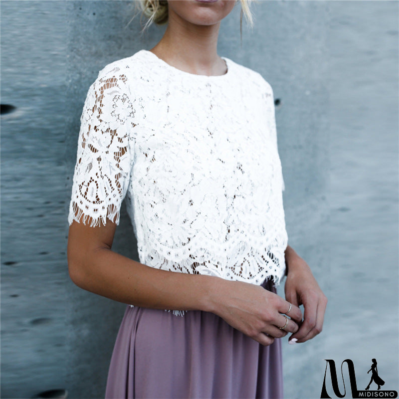 MidiSono - Women'S Solid Color Round Neck Lace T-Shirt