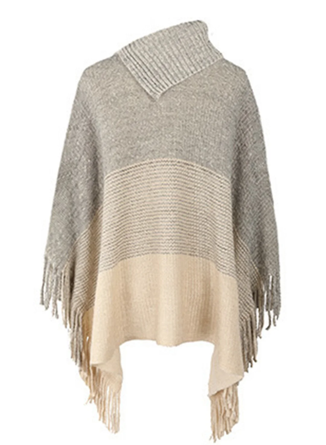 Women's Blouse Shirt Color Block Button Tassel Long Sleeve Casual Ponchos