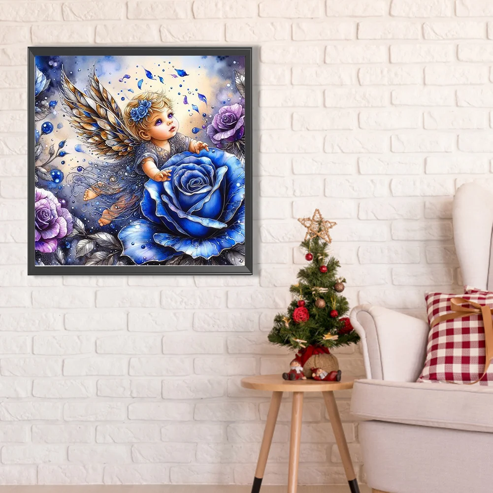5D DIY Full Round Drill Partial AB Diamond Painting Angel Blue Rose Kit 45x45cm