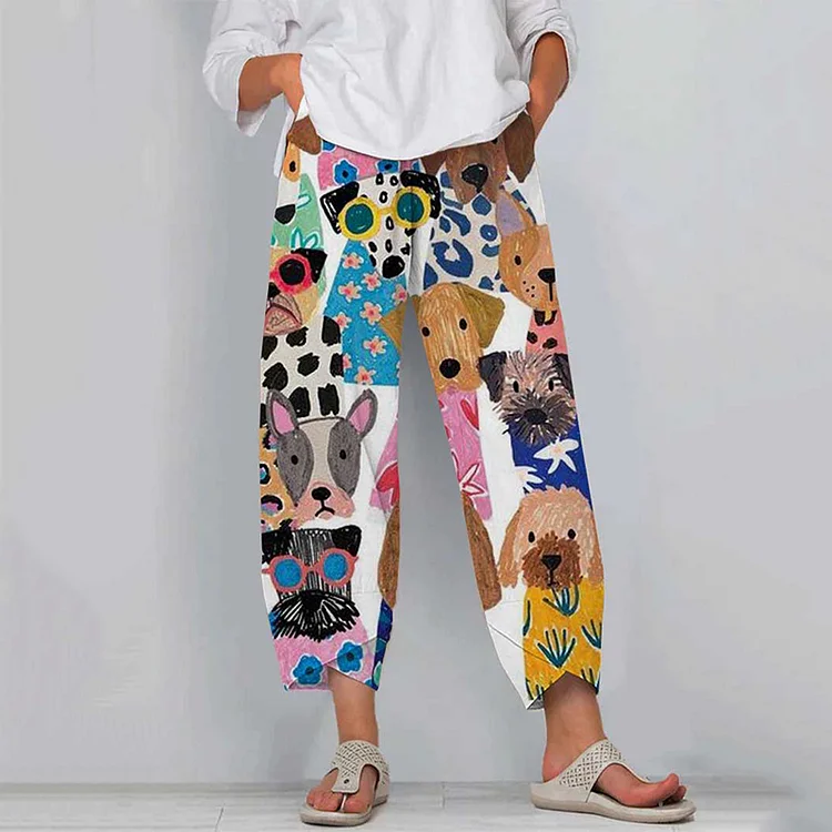 Comstylish Women's Colorful Fun Cartoon Puppy Print Casual Pants