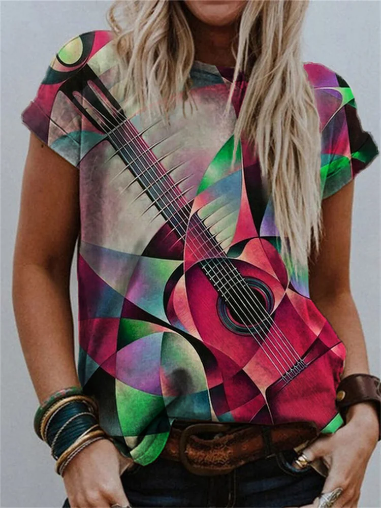 Guitar Modern Geometric Art Crew Neck T Shirt