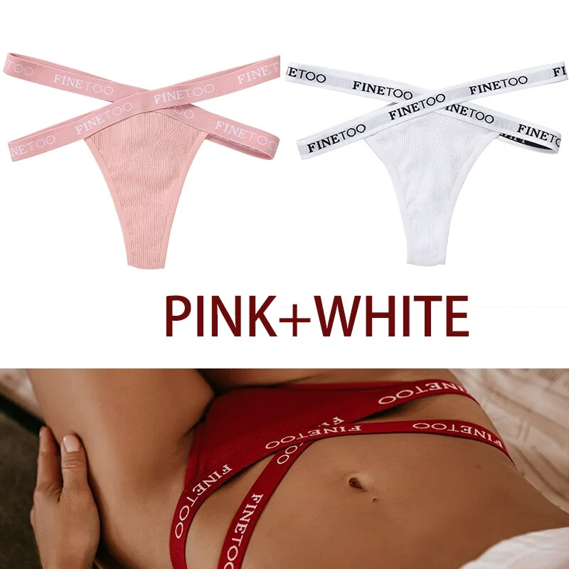FINETOO 2PCS/Set Women's Cotton G-string Sexy Cross Strap Panties Letter Waisted Underwear Thongs Femme Hollow Out Lady Briefs