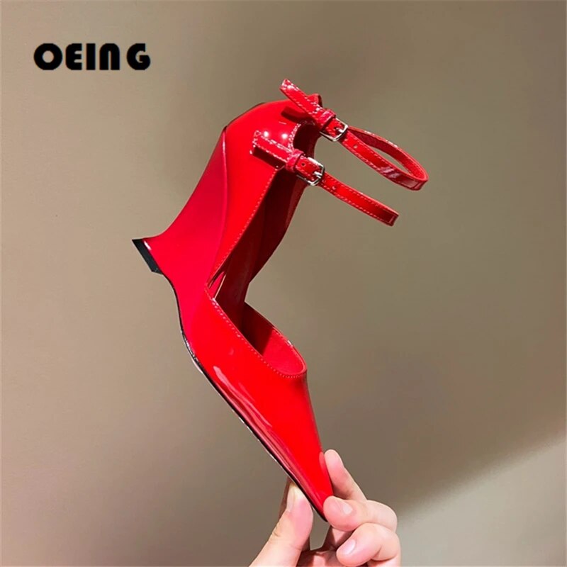 VCSHOES Women Sculpted Wedge Heels Pumps Pointed-toe Ankle Straps Patent Leather Shoes Female Wedding Party Dress Shoes