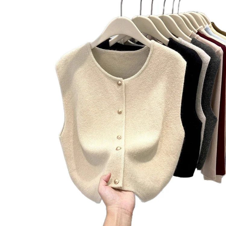 Athvotar Athvotar Old Money Style Casual Folded Round-Necked Vest Vest Women's Winter Sweater Coat Knitted Shoulder Coat