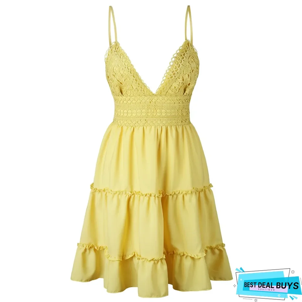 Women Lace Sexy Backless V-Neck Beach Dresses Sleeveless Mini Sundress White Dresses