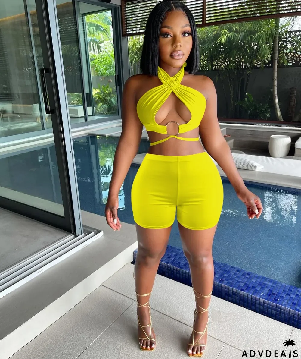 Solid Halter Crop Top And Shorts 2 Piece Sets