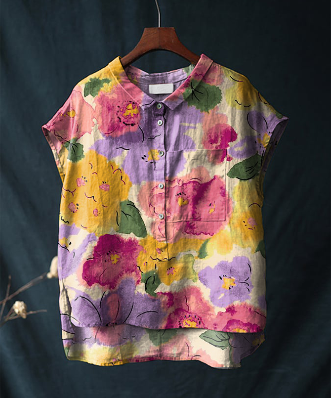Vintage Floral Cotton and Linen Short-sleeved Casual Shirt
