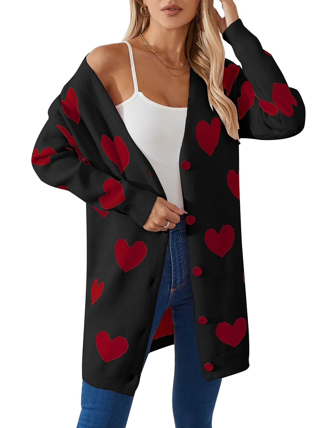 Athvotar Athvotar New Valentine's Day Love Knitted Cardigan V-Neck Button Long Coat Sweater Woman