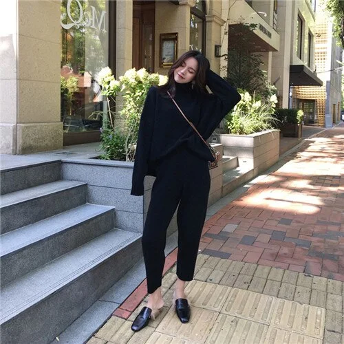 Women Winter Suit Sweater Tracksuit Knitted Turtleneck Clothes 2 Pieces Set Pants Ladies Loose Clothing Suits Female 2019