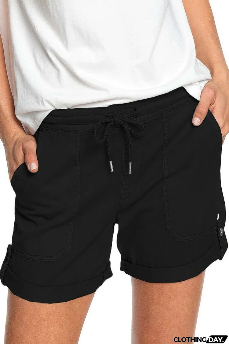 Elastic Waistband Pocket Drawstring Shorts with Button