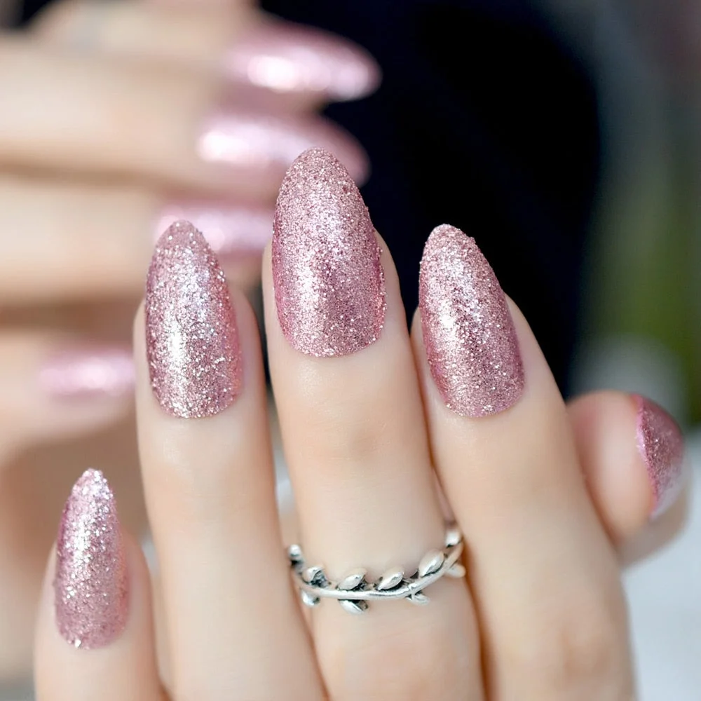 Rose Gold 24 Full Cover False Nails Gorgeous Glitter Ballerina Acrylic Nail Tips 12 sizes Full Coverage DIY Tips with Adhesive-Nail Inspo